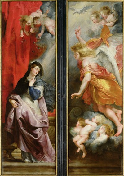 De Annunciatie, van de achterkant van het drieluik van de martelaarschap van St. Stefanus, c.1617 door Peter Paul Rubens